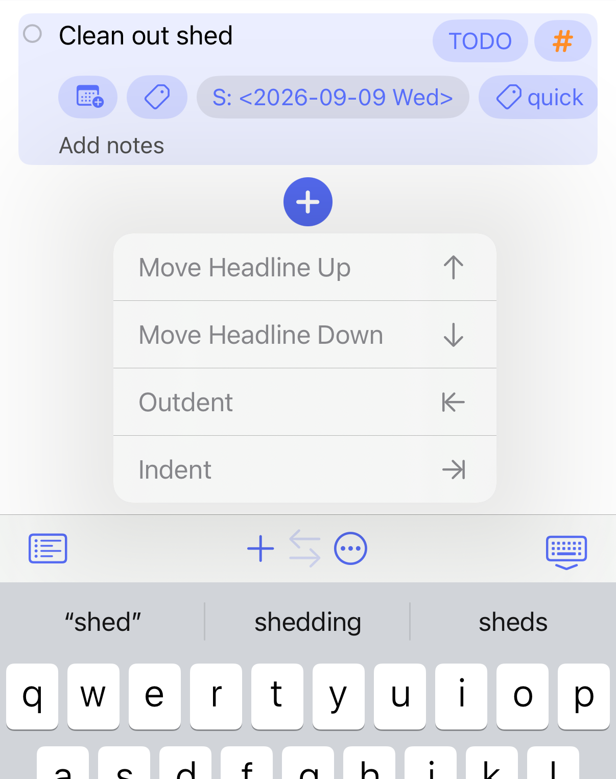 The menu for moving, indenting, or outdenting a headline