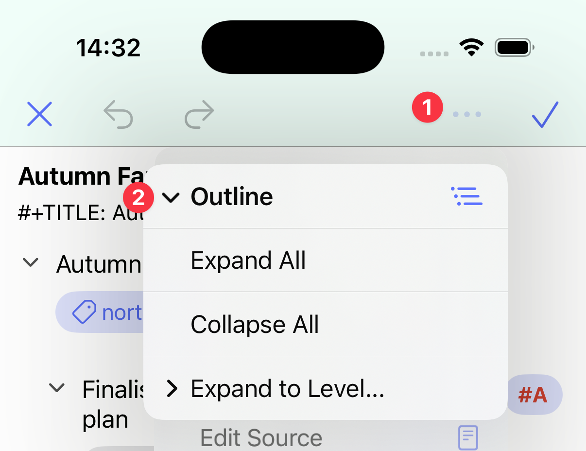 The Outline menu with options for folding and unfolding headlines