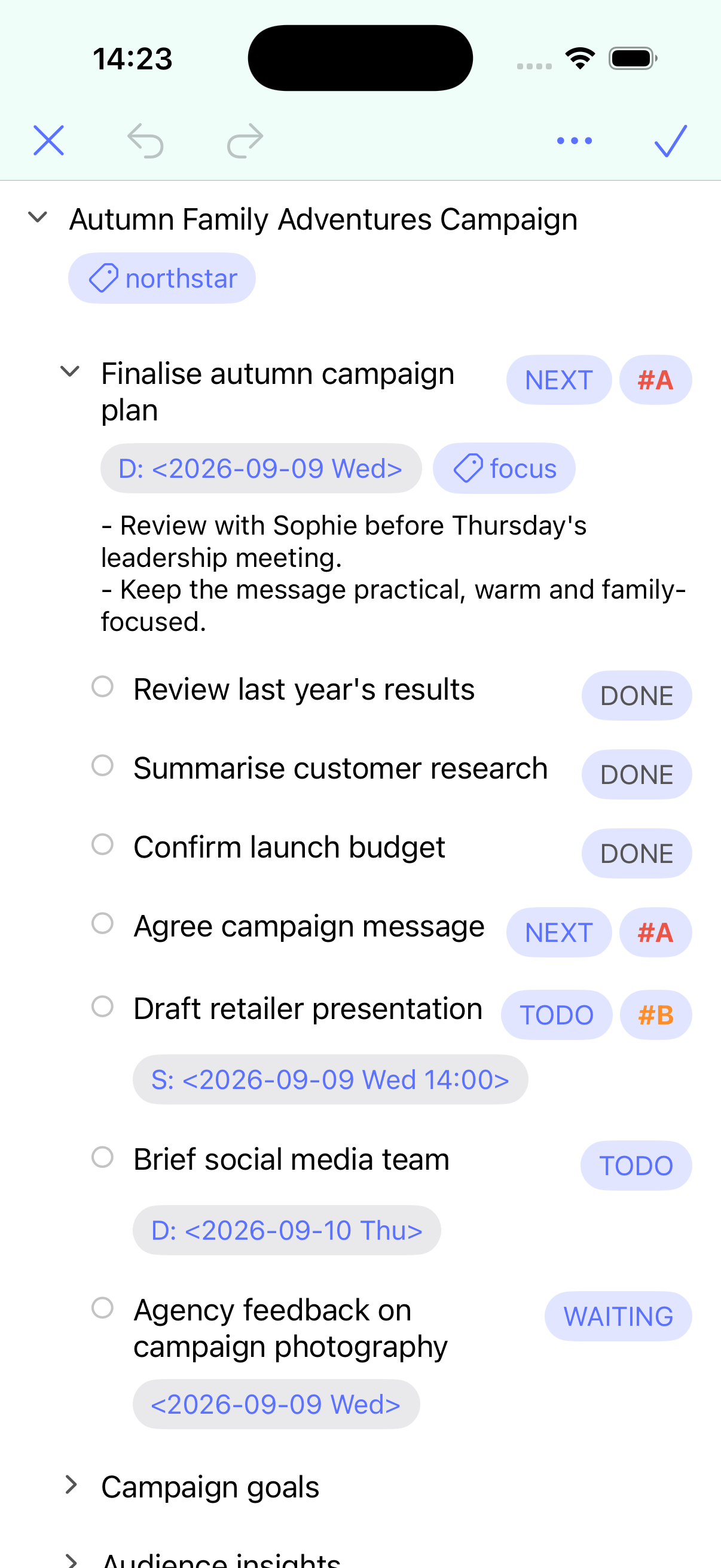 A sample outline A sample outline with nested holiday-planning tasks
