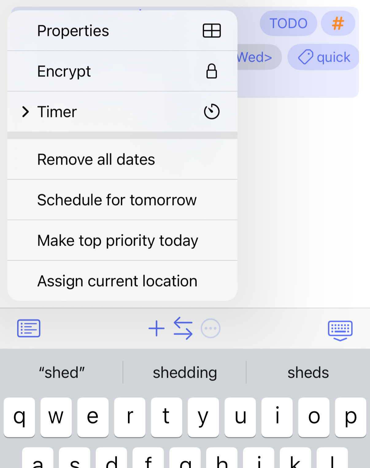 The menu containing properties, encryption, timer, and time-report options