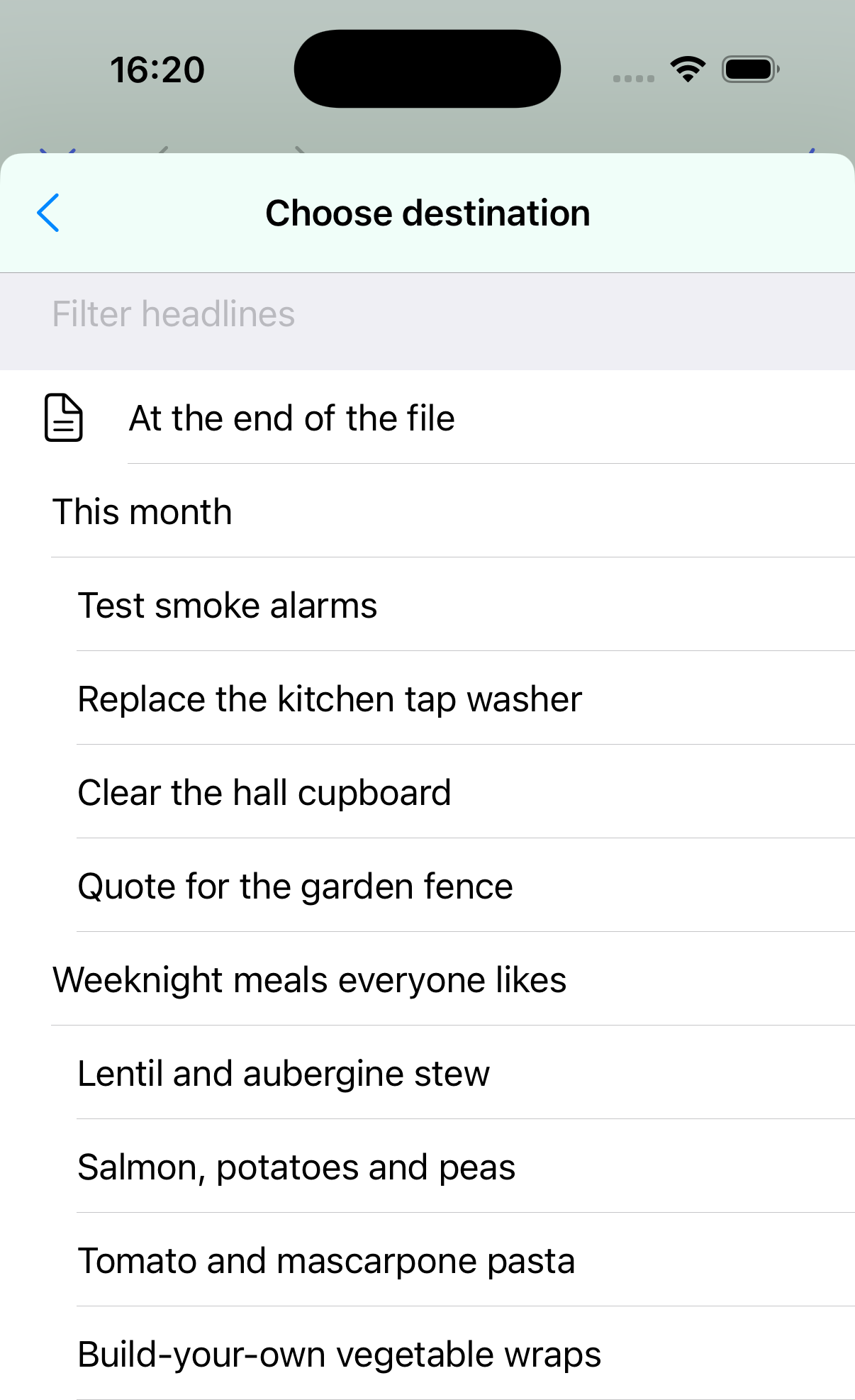 Options for placing a headline in the selected outline